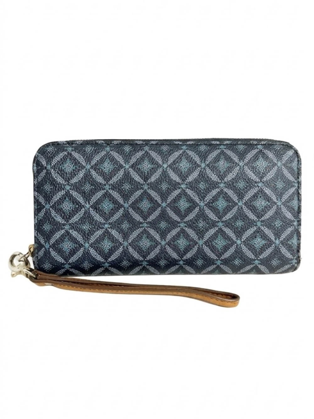 Fossil Blue Geometric Zip-Around Wristlet Wallet with Tan Strap